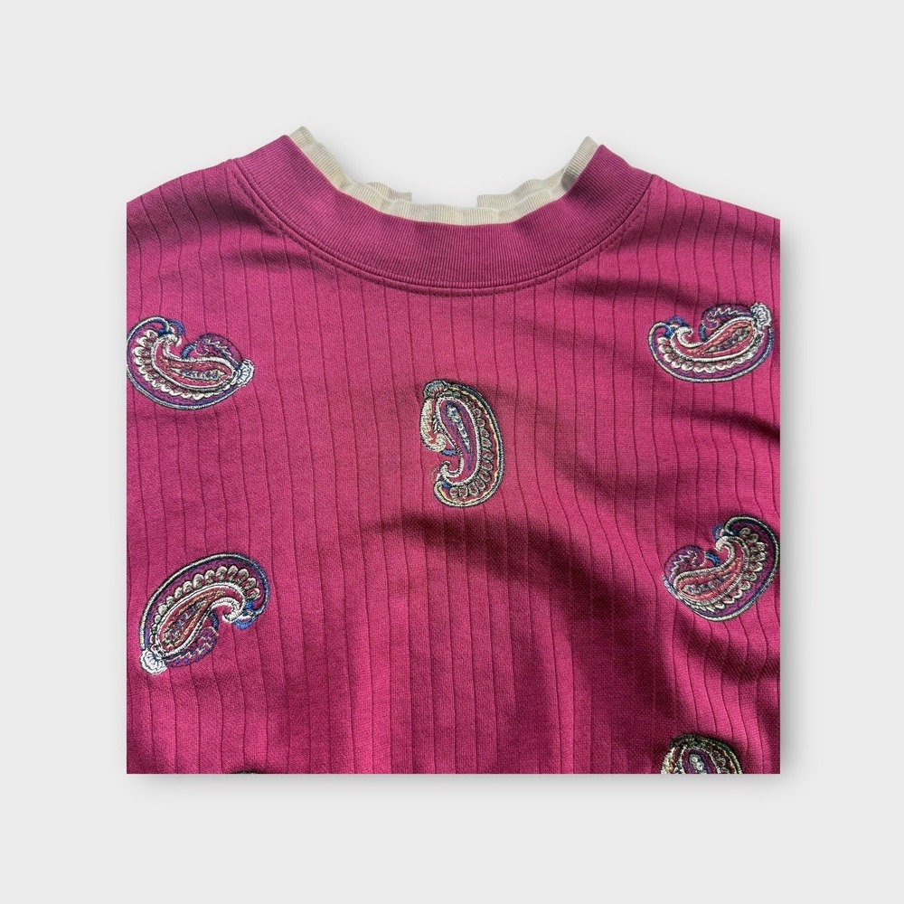 Ribbed Paisley Mock Neck Sweater Top Burgundy Vintage Pullover Sz XL - Picture 7 of 13